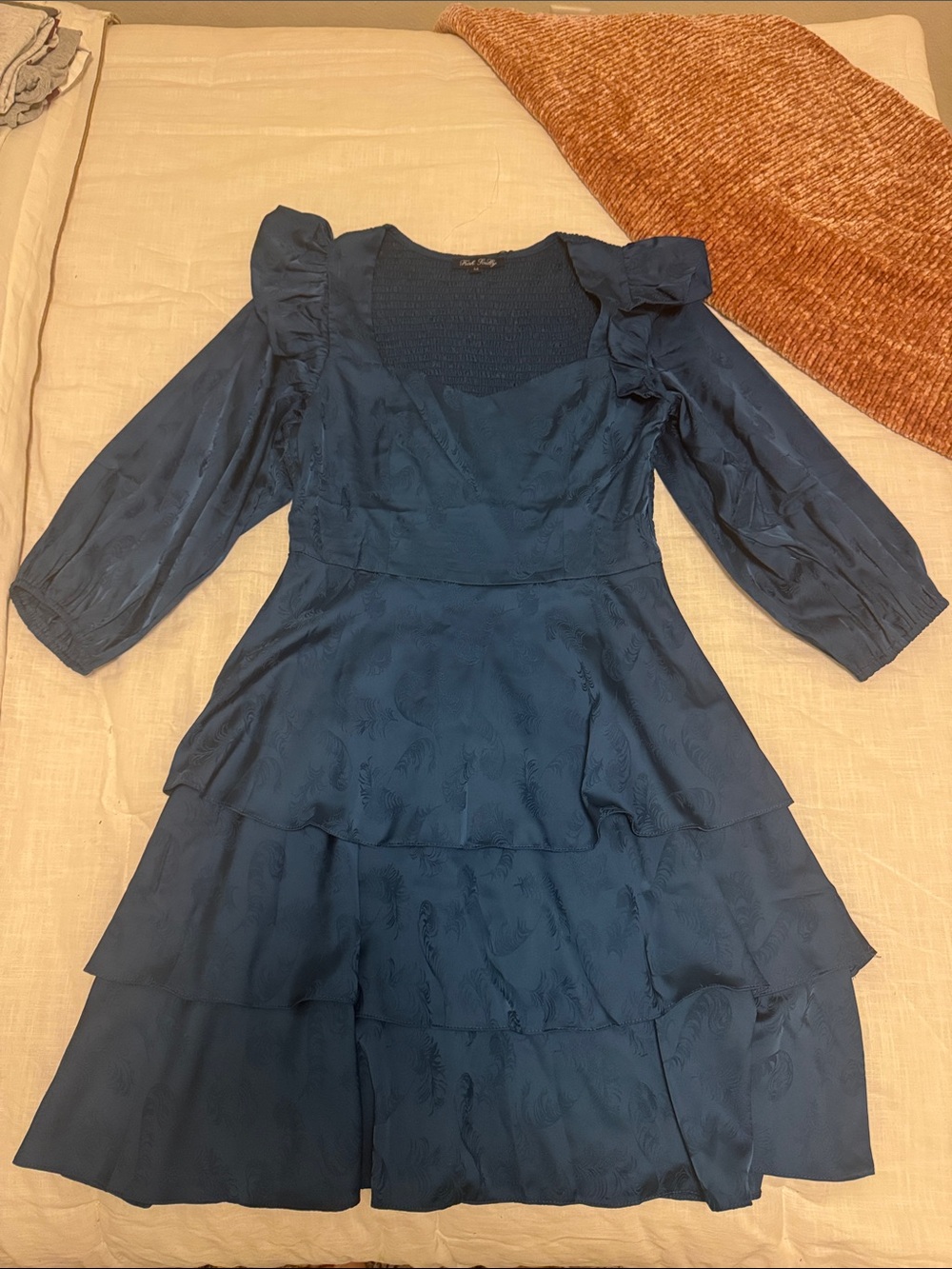 Tiered Navy Midi Dress with Puff Sleeves